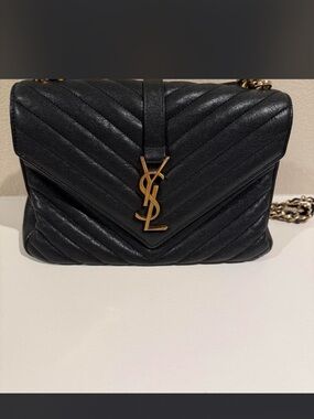 Saint Laurent Black Quilted Chevron YSL Chain Crossbody with Gold Logo
